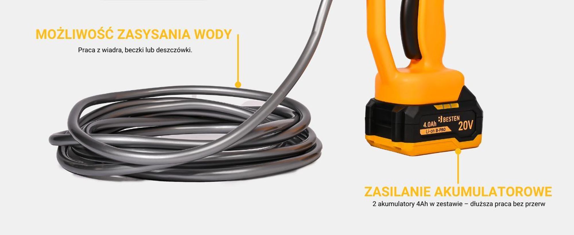 Myjka ciśnieniowa akumulatorowa BESTEN 20V 20 bar 240 l/h 2x4Ah B-PRO dysza 6w1 zasysanie wody