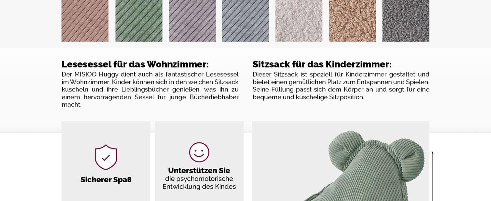 MISIOO Sitzsack Kinder – Waschbar –  – Stabile und Weiche Konstruktion – Cord-Material – 68x45 cm – Perfekt für Kinderzimmer - Olive