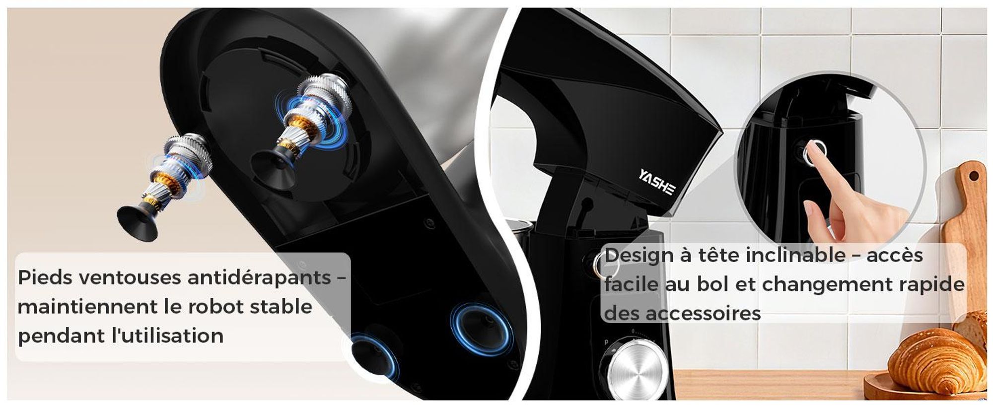 Robot pâtissier YASHE 1500 W, bols 4,5 L et 5 L, 10 vitesses