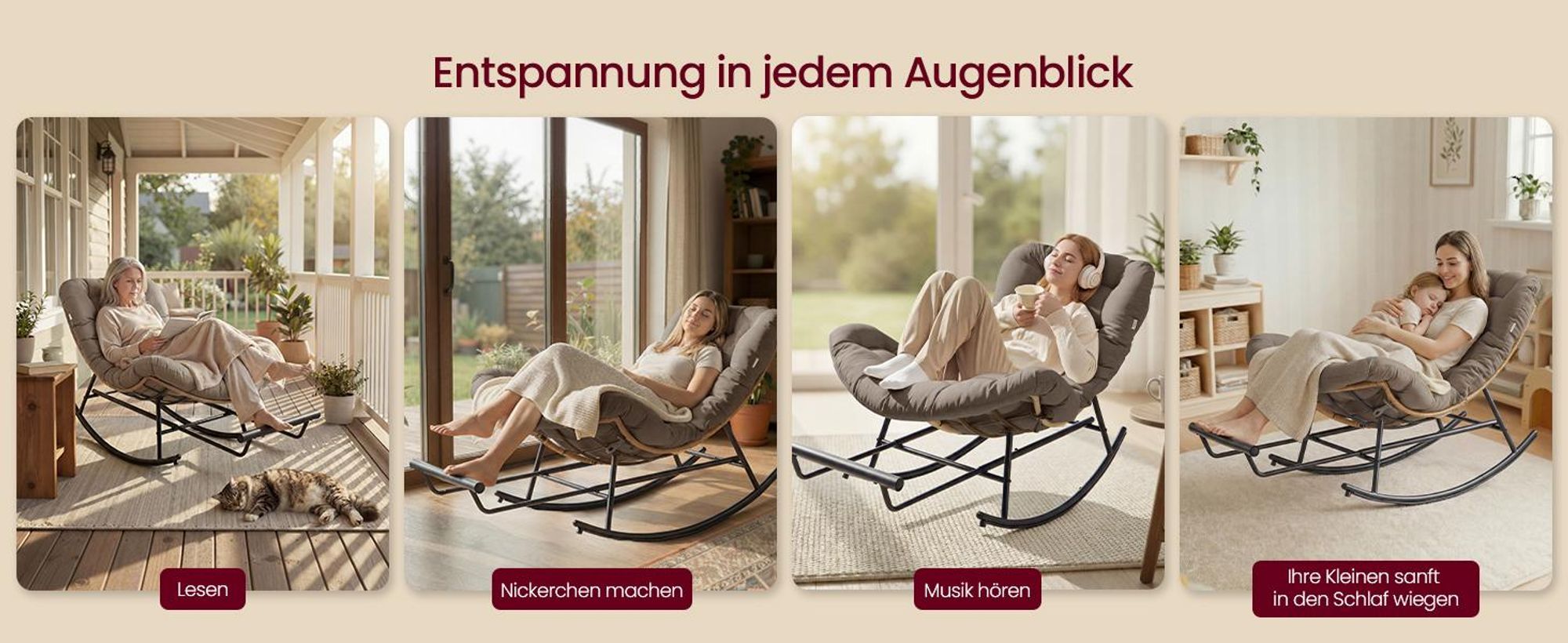 VASAGLE Relaxsessel mit ausziehbarer Fußstütze, Schaukelsessel, abnehmbares Kissen, Stahlgestell, bis 136 kg, beige