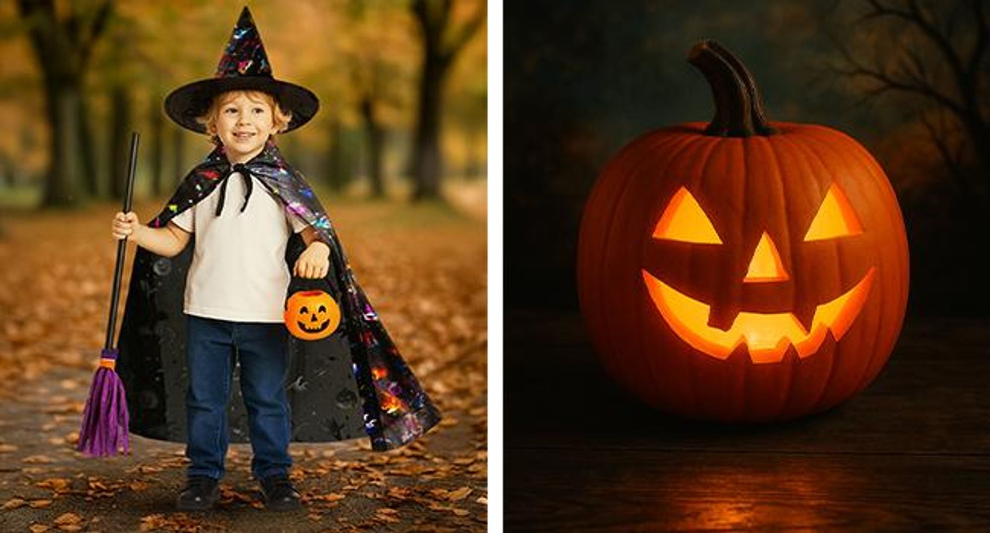 KRUMAD Halloween Kostüm Set 3-teilig – Hexenhut, Umhang mit Kapuze & Hexenbesen 87 cm, Hexenkostüm Zubehör für Kinder & Erwachsene
