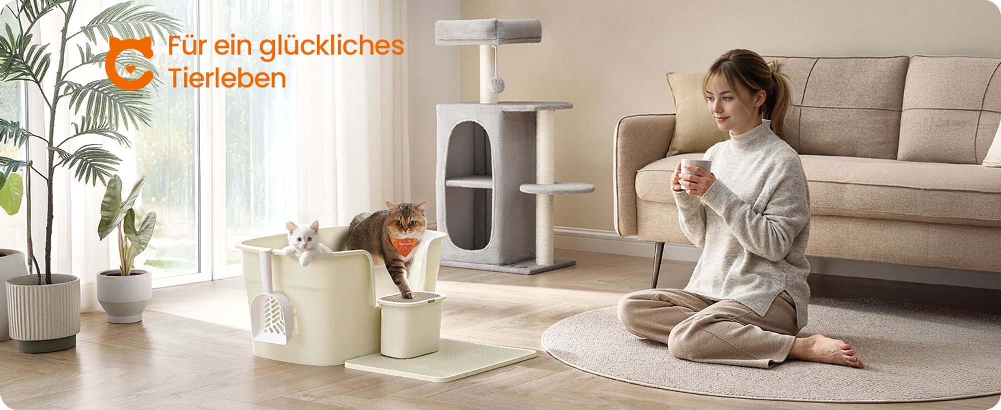 Feandrea extragroße Katzentoilette, für große Katzen, mit hohen Seitenwänden, Sandbeige