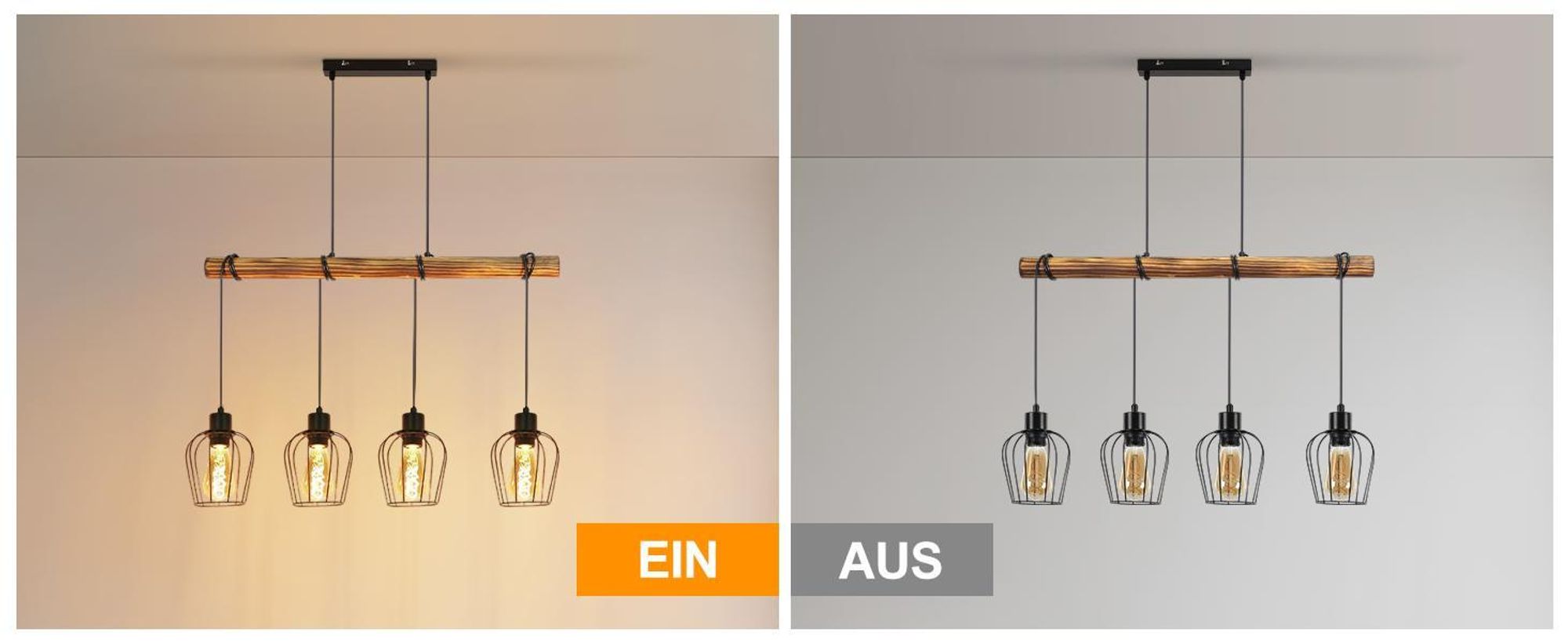 ZMH Pendelleuchte Holz Esstisch Hängelampe 4 Flammig Schwarz Vintage Esstischlampe hängend Esszimmerlampe Pendellampe E27 Hängeleuchte für Wohnzimmer