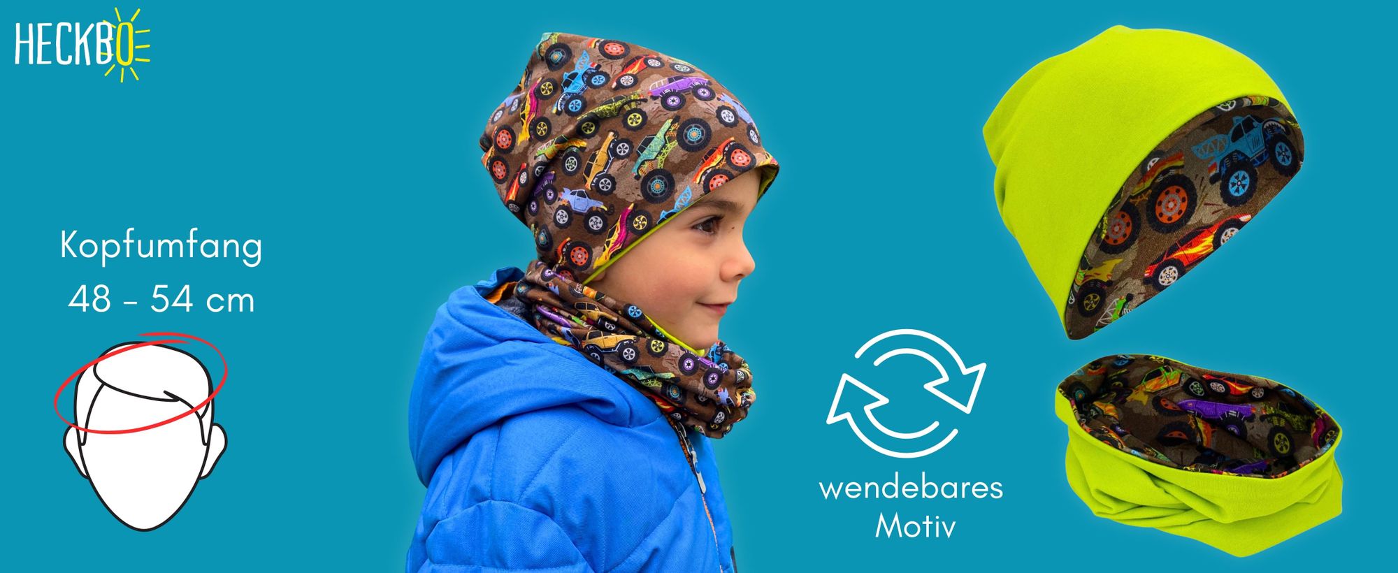 HECKBO Kinder Jungen Mädchen Beanie Mütze & Loop Schal Set - für Frühling, Sommer, Herbst & Winter - Wendemütze Monster Truck- 2 bis 8 Jahren - 95% Baumwolle - weiches pflegeleichtes Stretch-Material