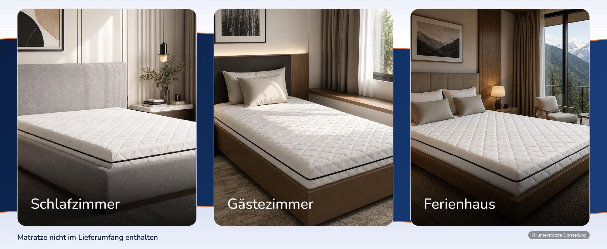 Drei Zimmer mit bezogenem Bett: Schlafzimmer, Gaestezimmer und Ferienhaus