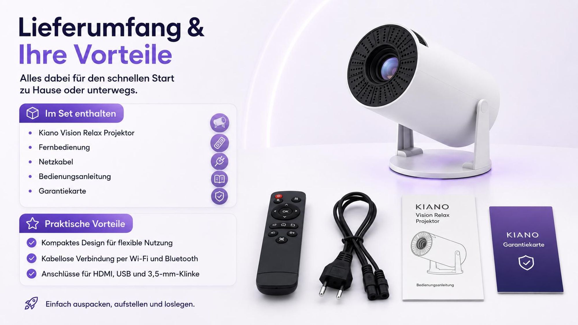 Kiano Relax Projektor Mini Tragbarer Beamer Smart TV, Trapezkorrektur, 1280x720, Android/iOS, 140 ANSI, Android, DLNA, Wi-Fi