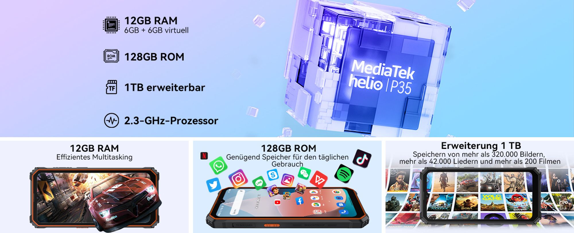 Blackview BV6200 Pro(12GB+128GB) Outdoor Handy Ohne Vertrag, 13000mAh Akku, Helio P35, Super loud 3W Speaker, Octa Core, 13MP+8MP, 18W Fast Charging