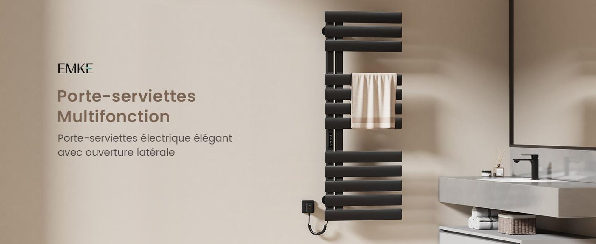 EMKE Sèche-serviettes électrique 850X400mm 230W noir, intelligent WiFi App, LCD tactile, Minuterie 1-9H, IPX5