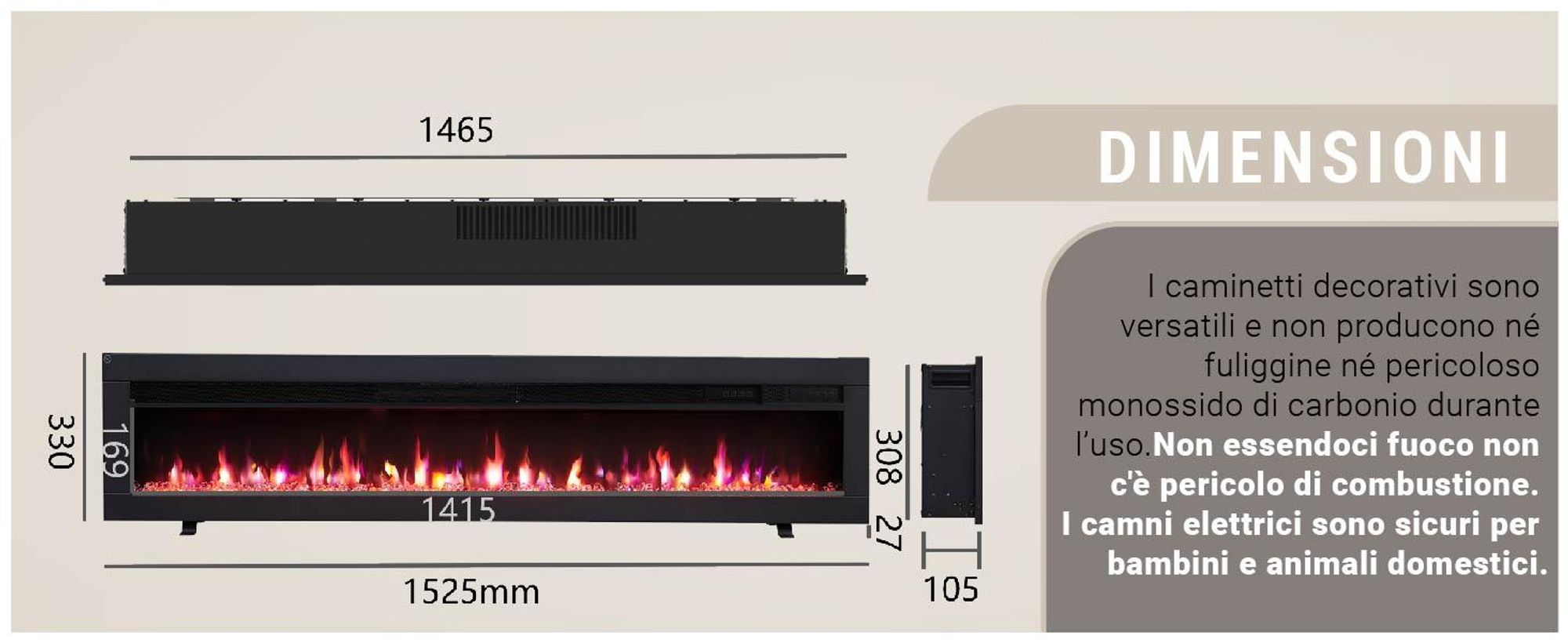 Camino elettrico BALDERIA Agnes 60 - Camino da parete o da incasso - Nero