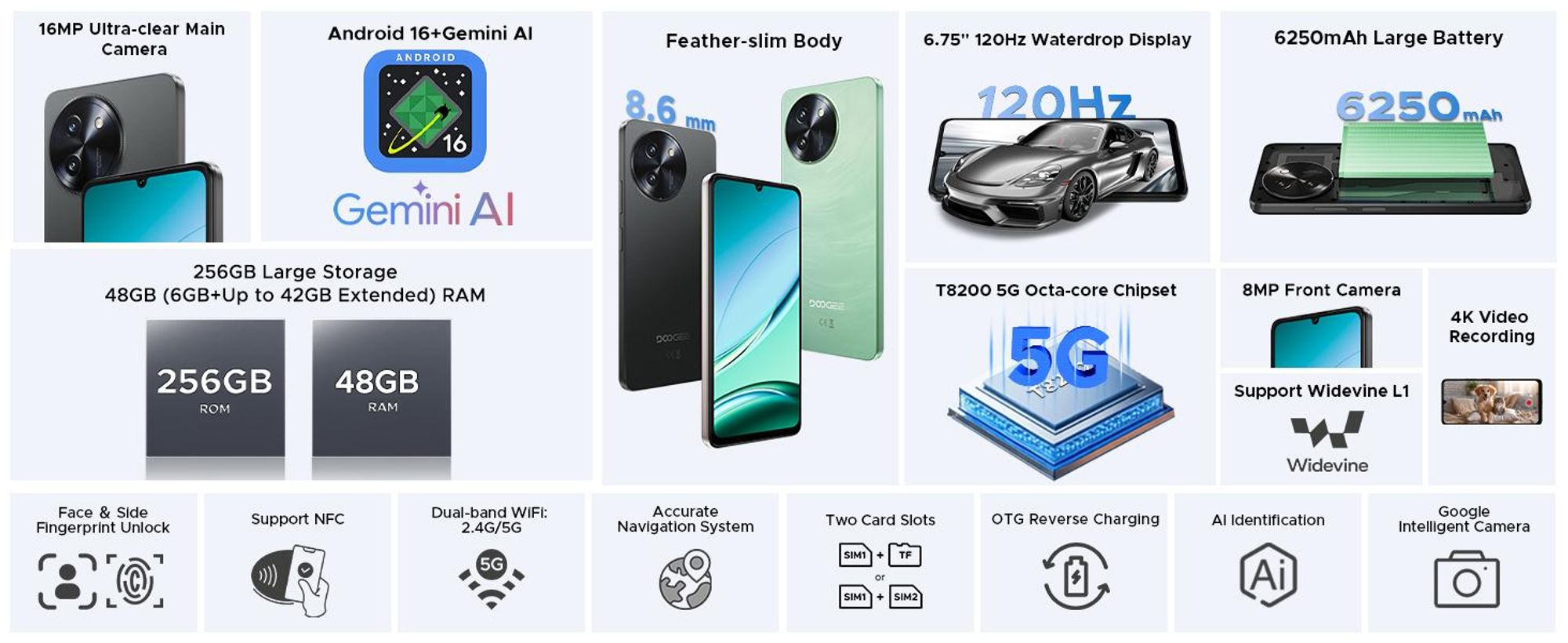 DOOGEE Note59 Pro, smartphone, Android 16, 6,75" displej s obnovovací frekvencí 120 Hz, baterie 6250 mAh, 48 GB RAM + 256 GB úložiště, 5G, 16 MP fotoaparát, NFC, čtečka otisků prstů, bez smlouvy