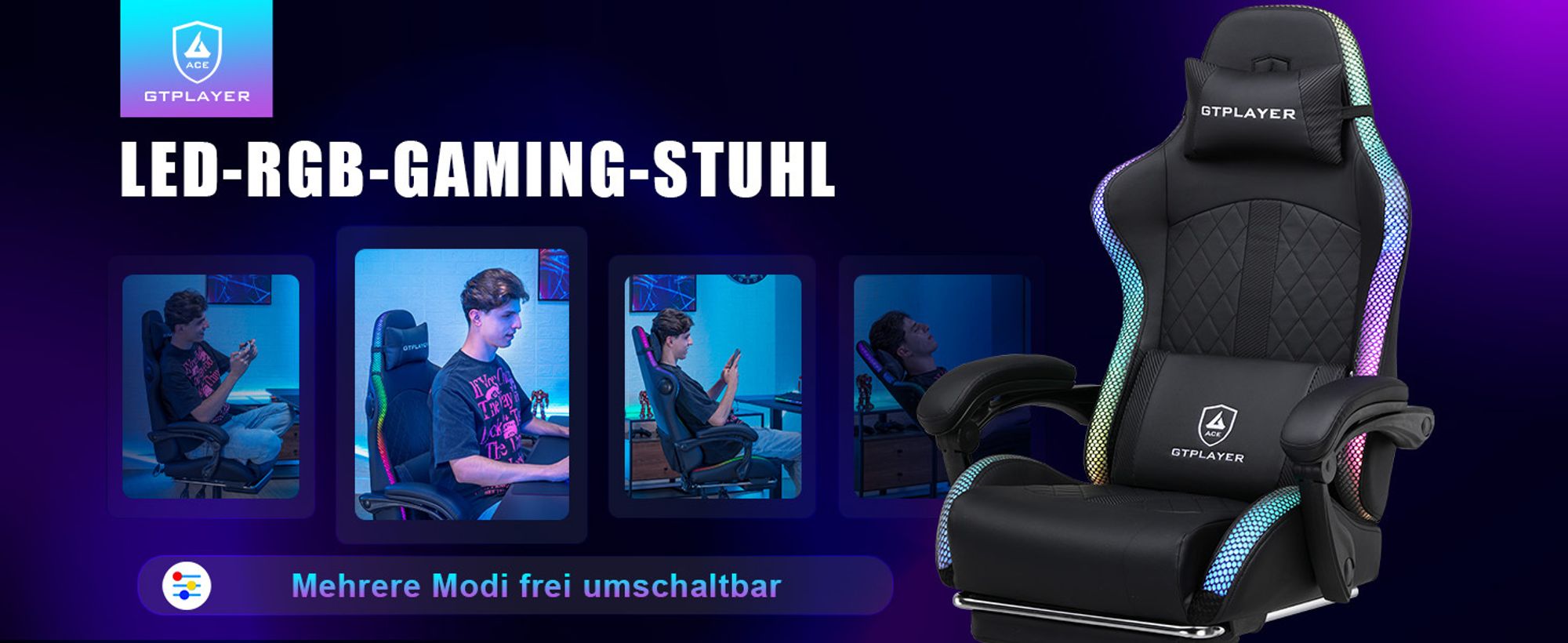 GTPLAYER Gaming Stuhl mit Lautsprecher und LED, Bürostuhl Gaming Chair Gamer Stuhl, Rückenlehne mit Aufbewahrungstasche Ergonomischer PC Stuhl schwarz