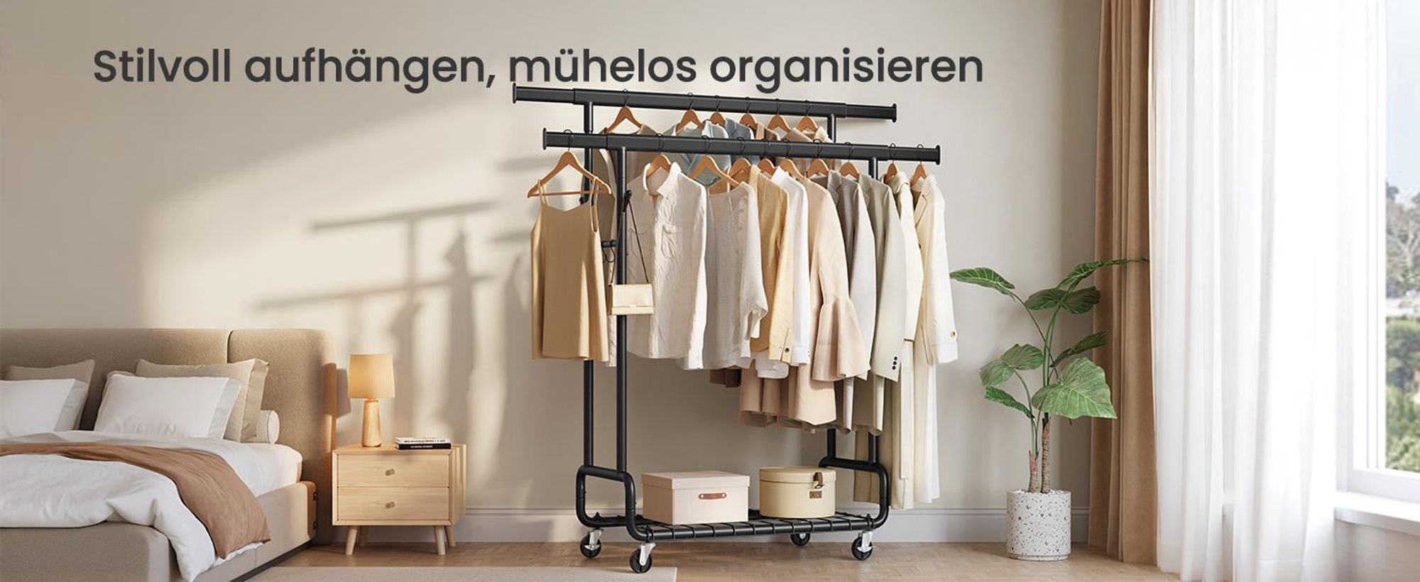 SONGMICS Kleiderständer, Schwerlast-Garderobenständer, auf Rollen, 2 ausziehbare Kleiderstangen, verstellbare Höhe, mit Ablage, Haken, tintenschwarz