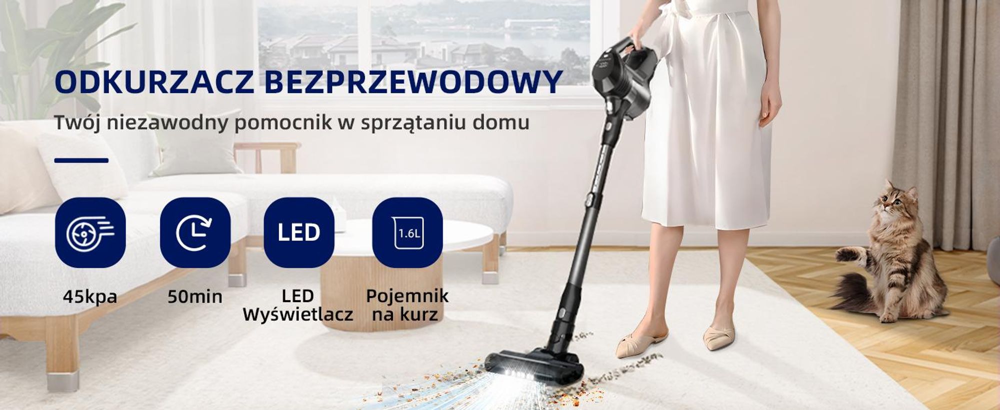 Odkurzacz akumulatorowy 45000Pa 600W, 50 min, Odkurzacze ręczne bezprzewodowy, LED ekran, 8-cyklonowy, szczotka anti-splątanie