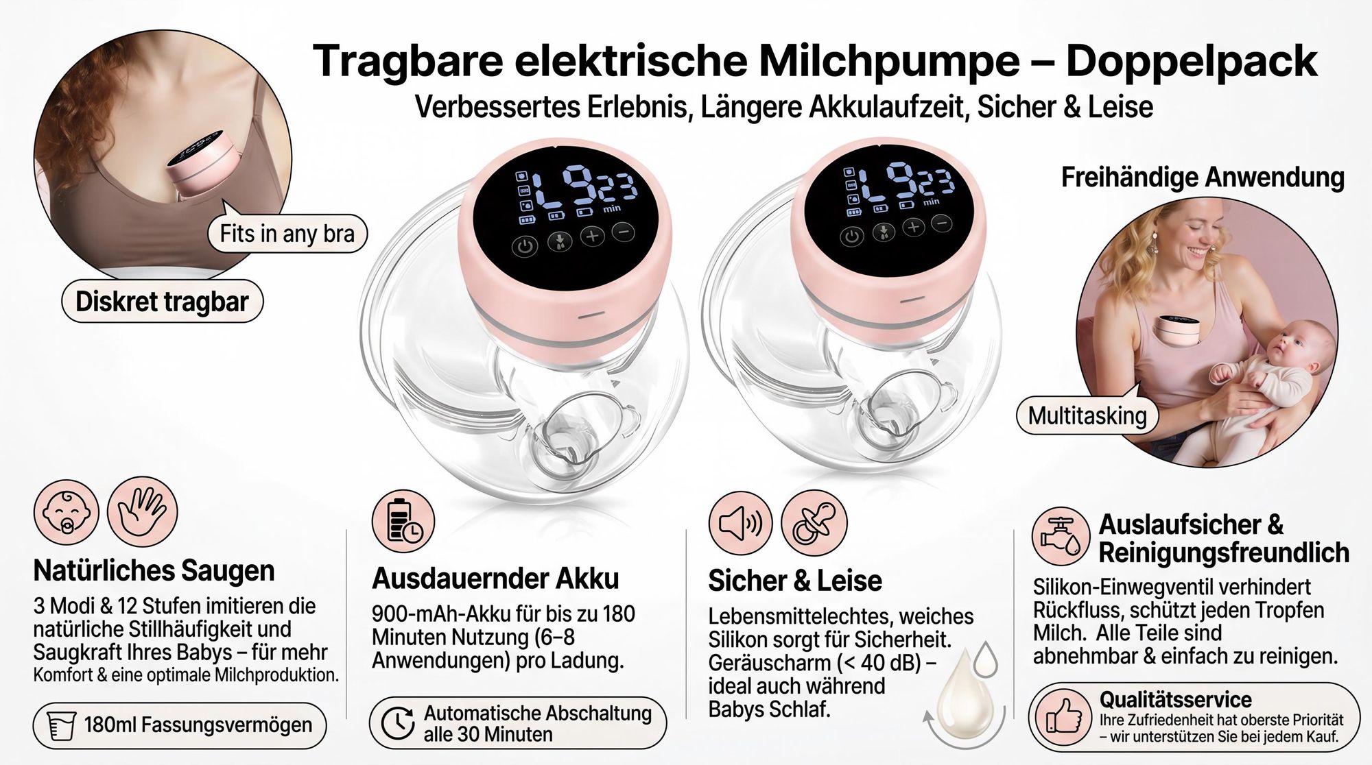 Milchpumpe tragbar 2 Stück – Leise & freihändig, 3 Modi, 12 Stufen, mit LED-Display, 180ml Fassungsvermögen, 900mAh Akku