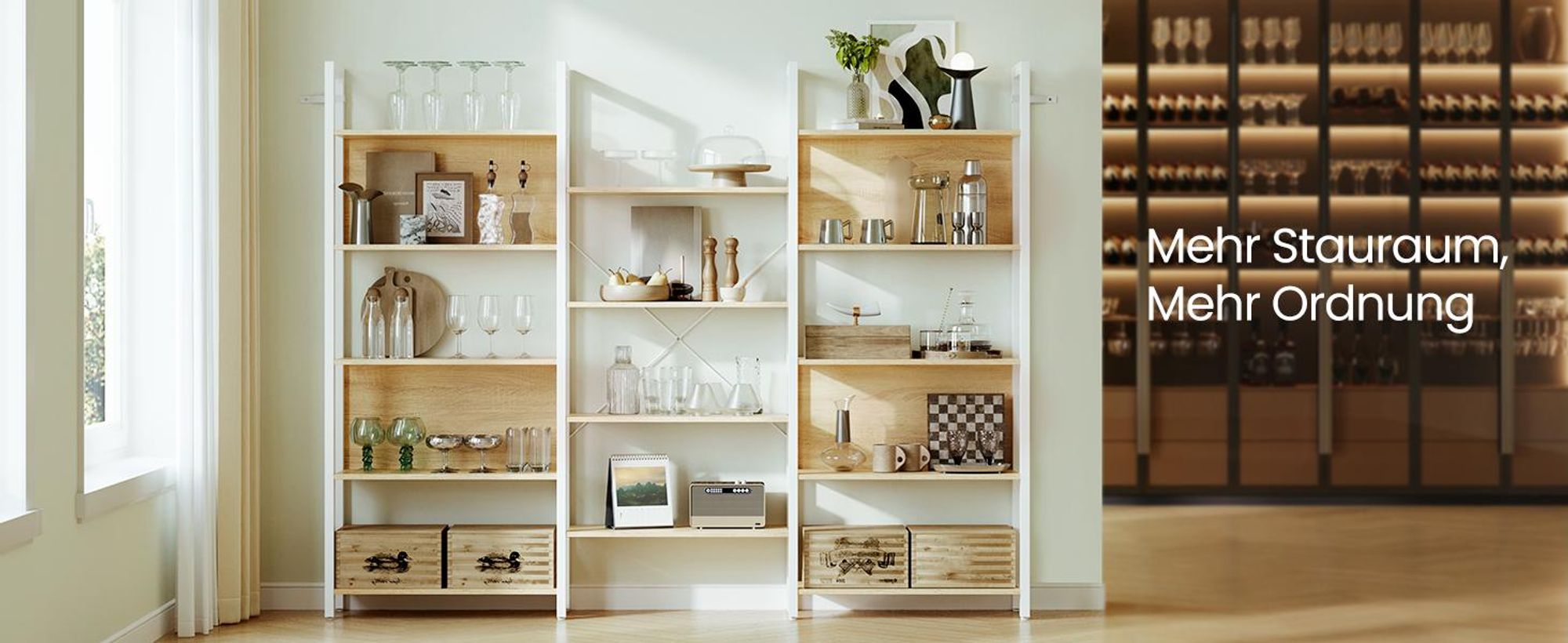 VASAGLE Aufbewahrungsregal, mit 14 Ablagen, Bücherregal, Industrie-Design, goldeichenfarben-weiß