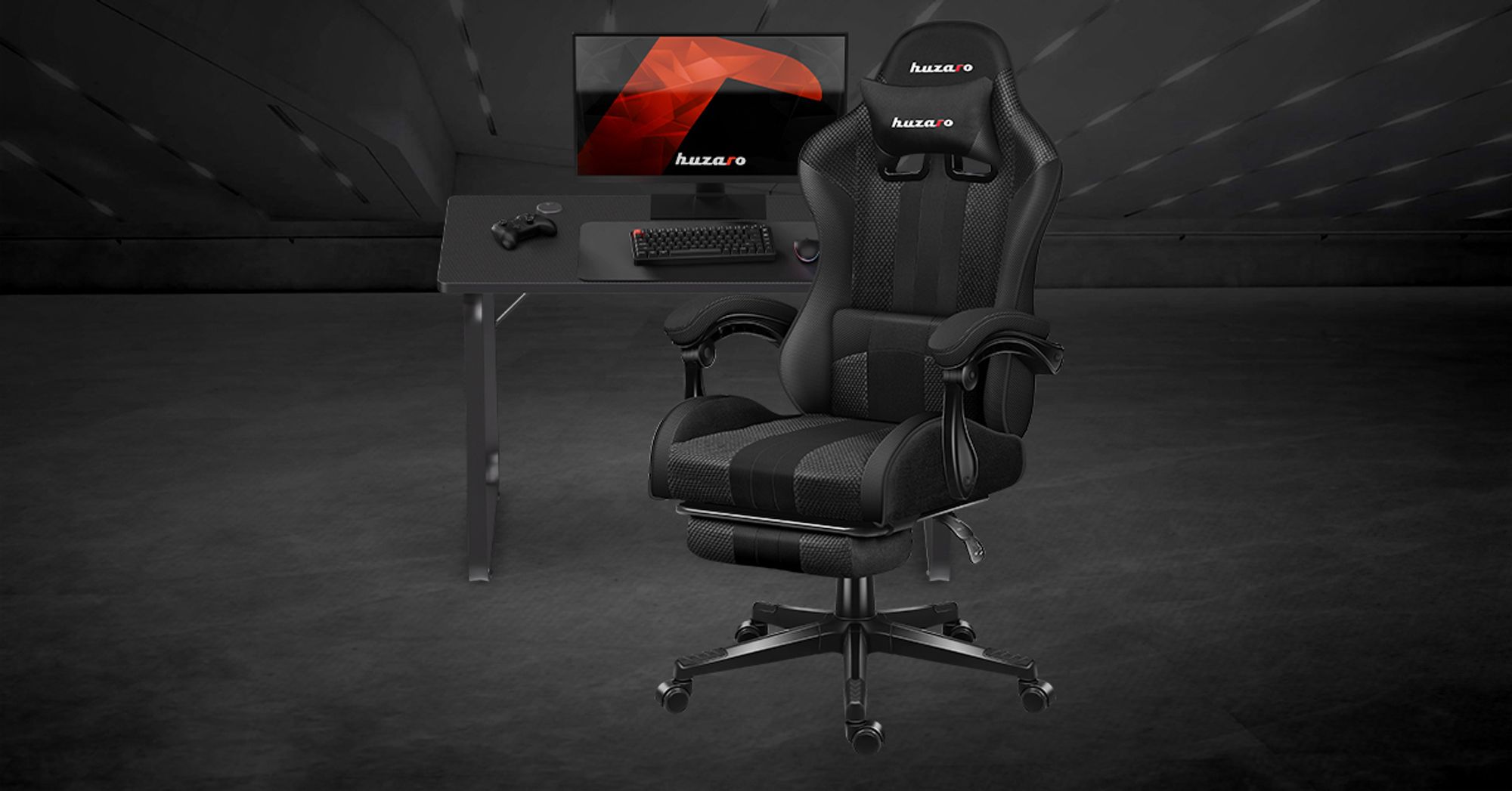 Huzaro Force 4.7 | Gaming Stuhl Bürostuhl Computerstuhl PC Chair | 90-140° Neigungswinkel Kopfstütze Lendenkissen Fußstütze Stoff | Schwarz