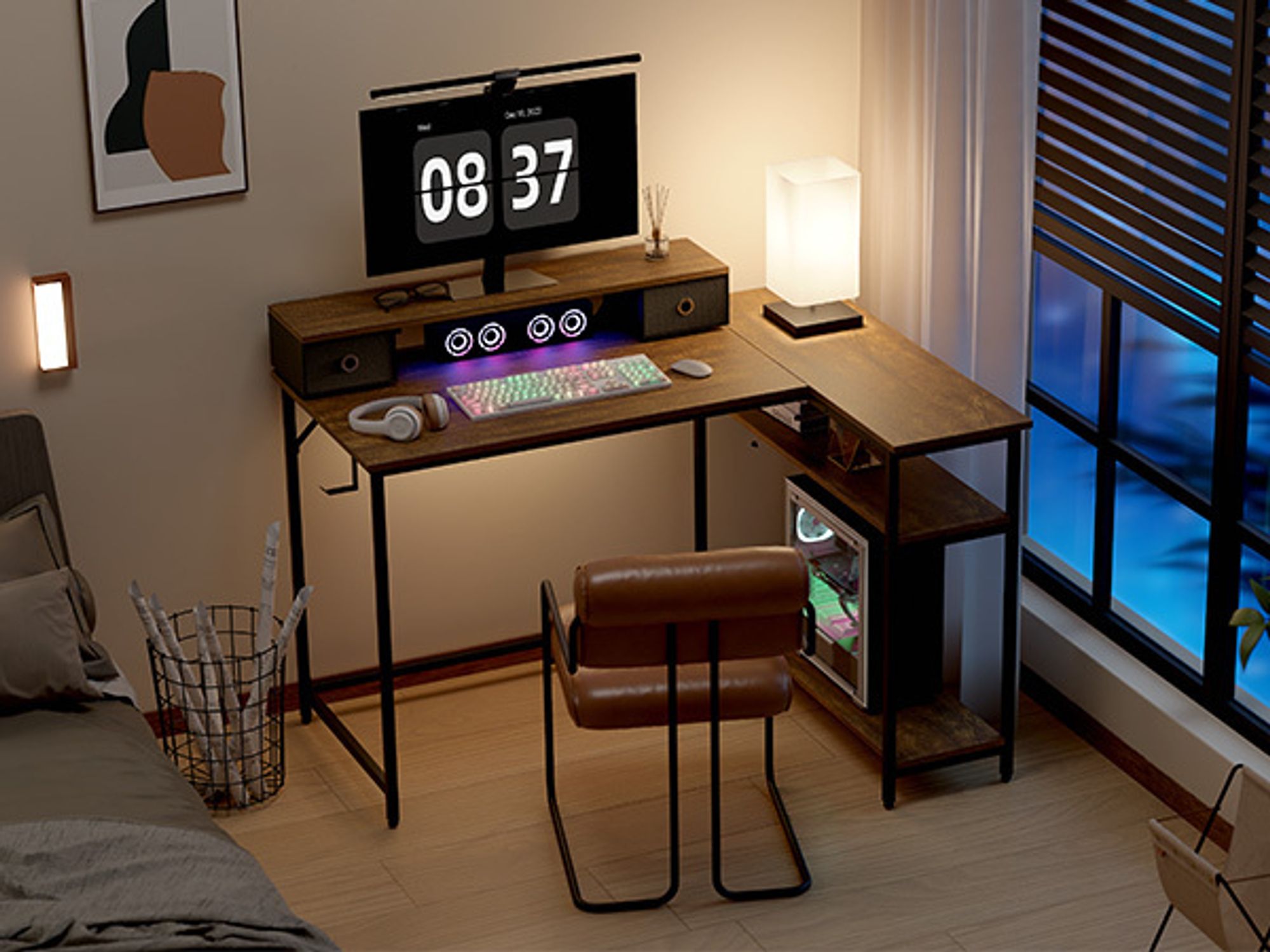 Mondeer L-Förmiger Computertisch Abnehmbare Monitorständer mit 2 Schubladen Schreibtisch mit 2 Regalen links oder rechts 120x90x90cm Vintage Braun