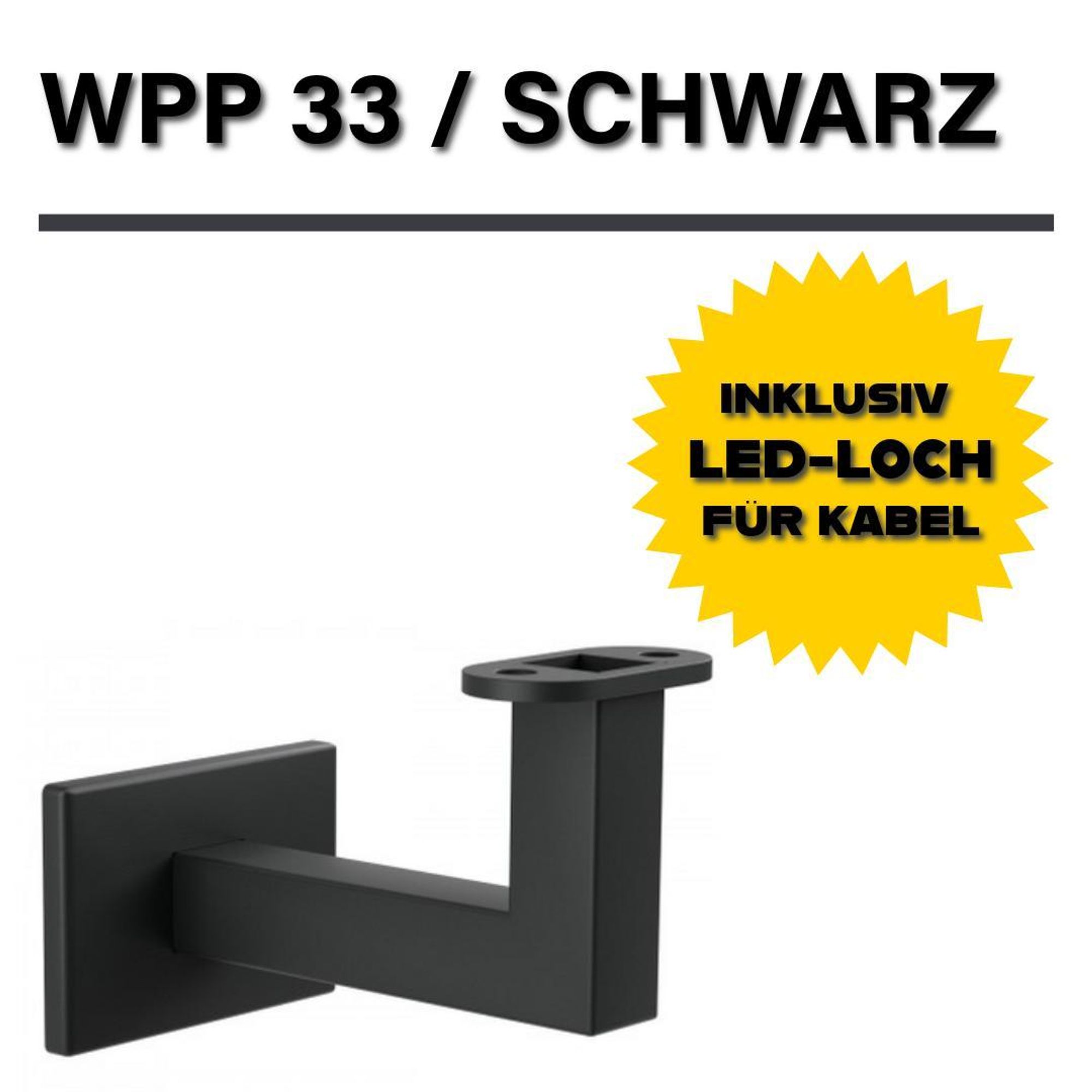 Sellon24 Handlaufhalter Halter mit Loch für LED Holzhandlauf 50x40 Geländer eckig LED-Loch pulverbeschichtet Black - RAL 9005 SCHWARZ