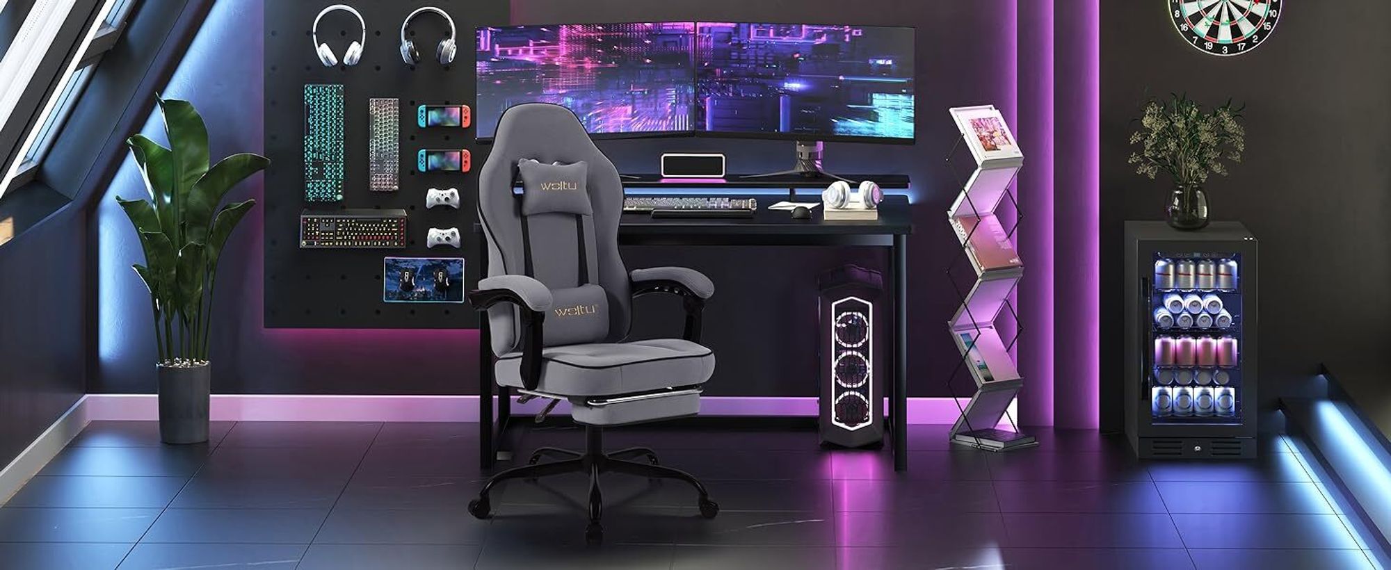 WOLTU Gaming Stuhl mit Taschenfederkissen, ergonomischer Drehstuhl, Netzstoff, Grau