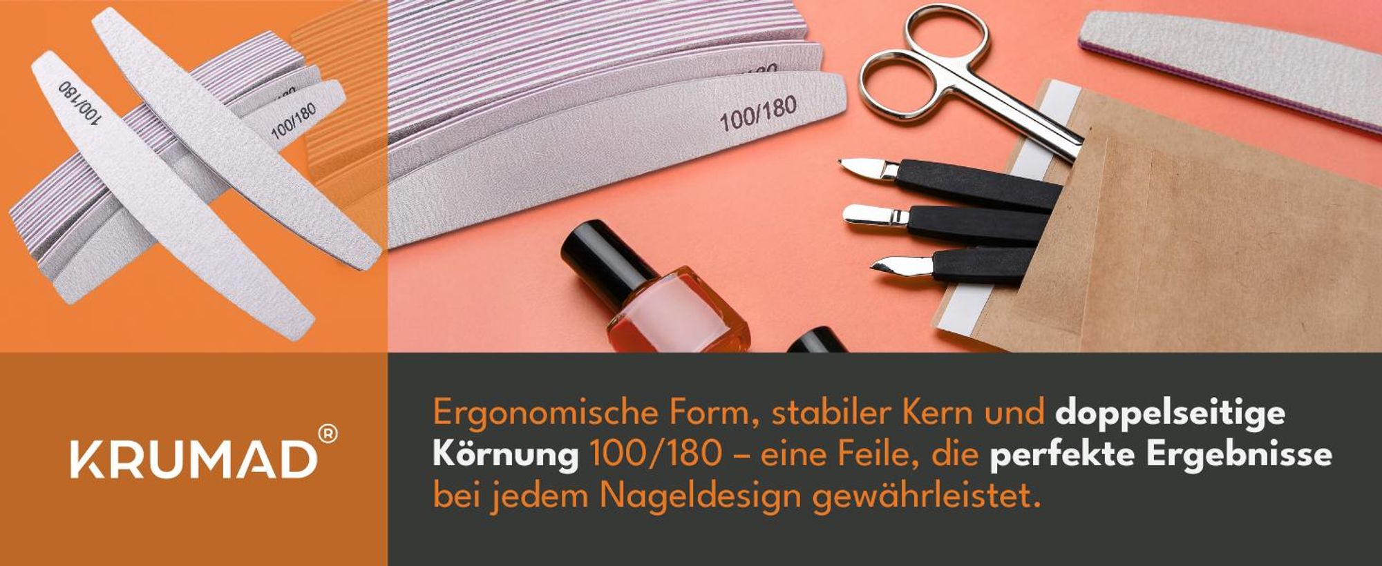 KRUMAD Nagelfeilen Set 100/180 - 10 Stück doppelseitige Profi Nagelfeile für Gel- & Naturnägel - langlebige Feilen aus EVA/Sandpapier/PP zum Formen