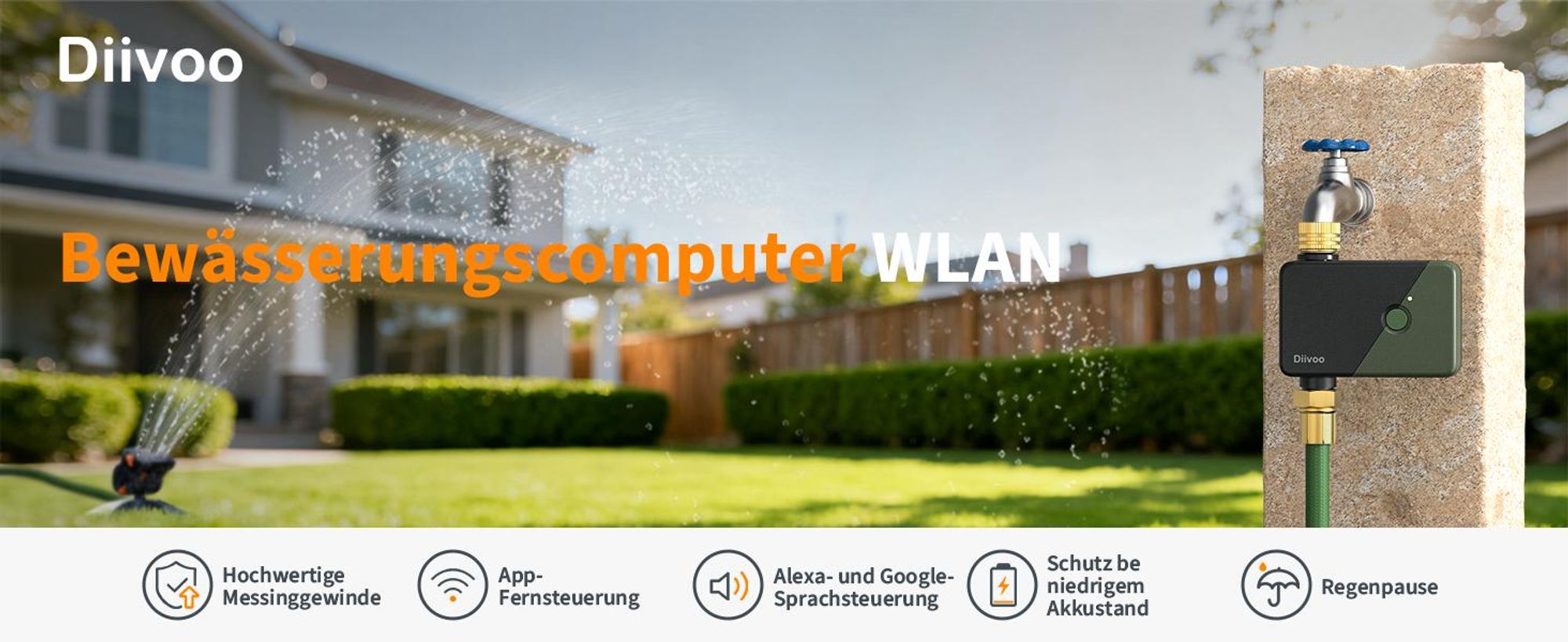 Diivoo Bewässerungscomputer WLAN mit Messing EIN-/Auslässe Smarte Zeitschaltuhr Kompatibel für Gärten