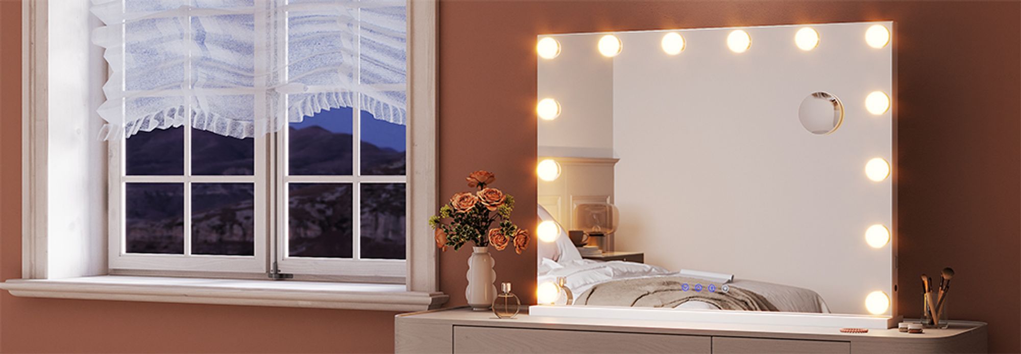 SONNI Kosmetikspiegel 80x62cm Schminkspiegel mit 3 Farbe Licht, Einstellbare Helligkeit, mit USB und Bluetooth, 10x Vergrößerung,Wandspiegl, weiß