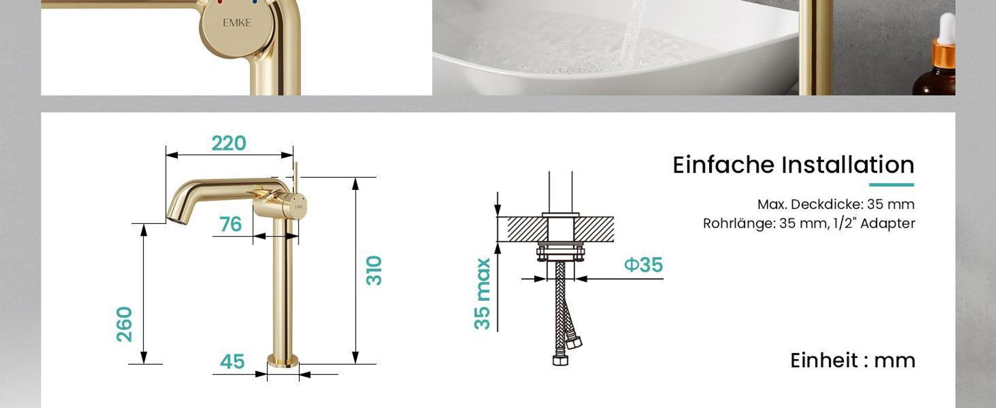 EMKE Einhebel-Waschtischarmatur, Badarmaturen 332x220x76mm , Wassersparend, Korrosionsschutz, Bleifreies Messing, Champagnergold