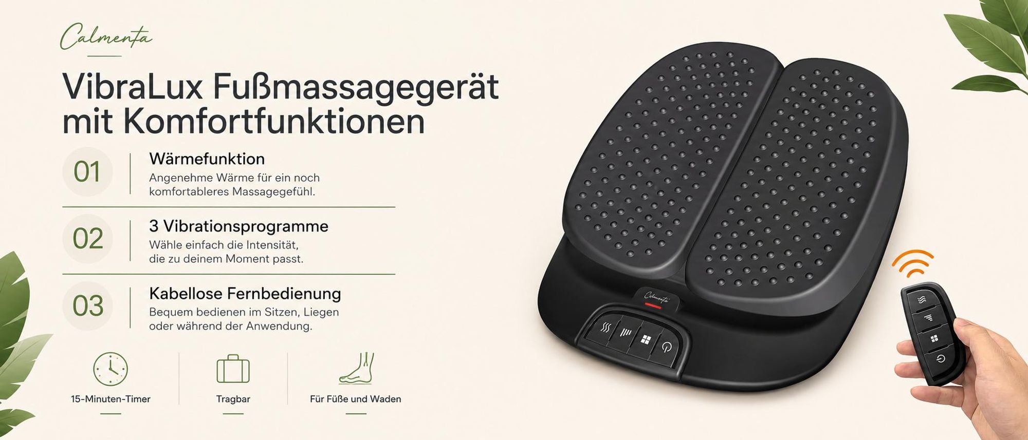 VibraLux Komfortfunktionen: Wärmefunktion, 3 Vibrationsprogramme, kabellose Fernbedienung
