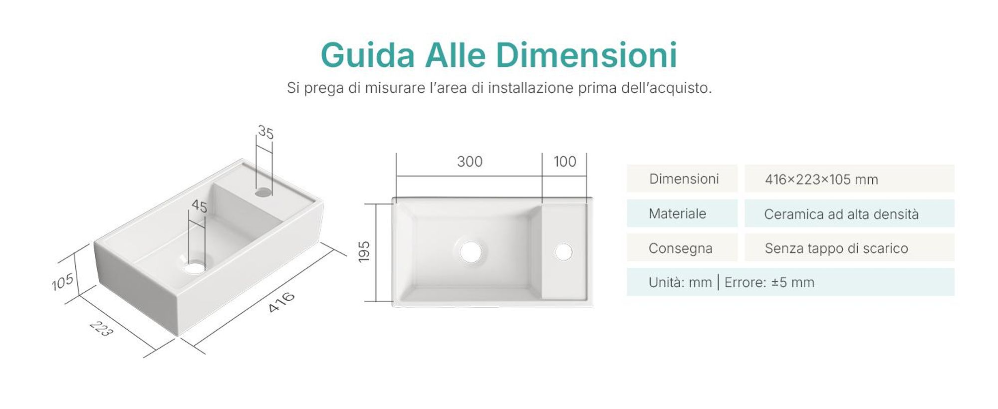 EMKE Lavabo da appoggio in ceramica rettangolare 410x220 mm bianco lucido con foro per rubinetto, design moderno per bagno e WC ospiti