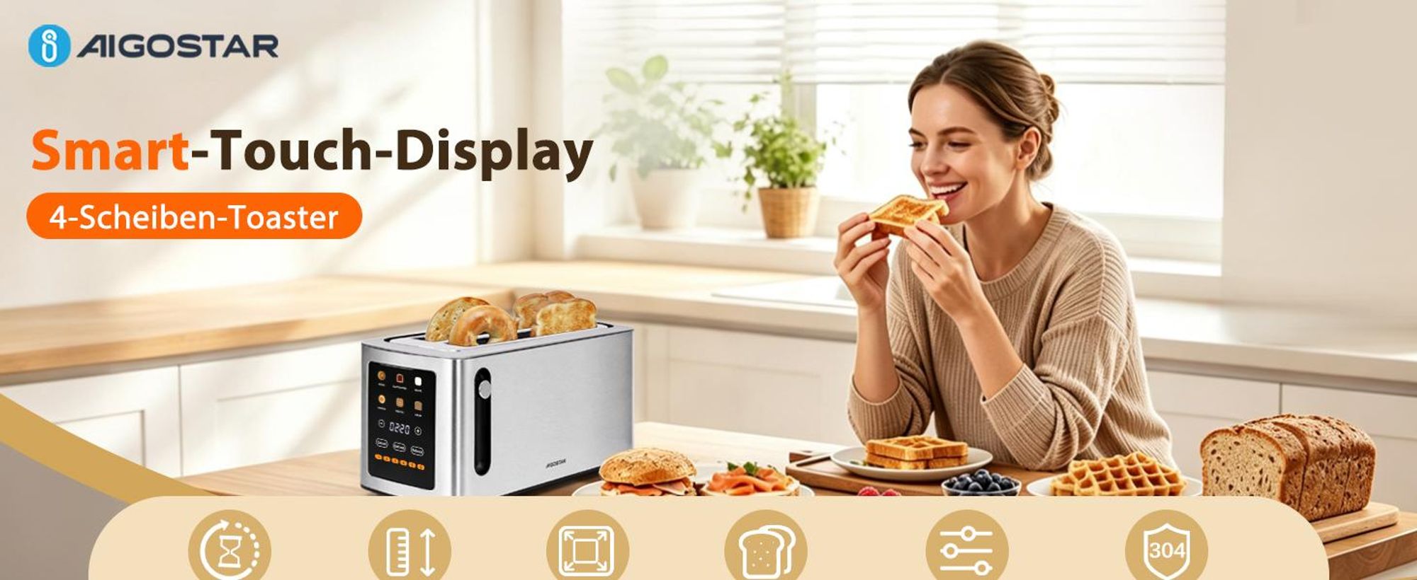 Aigostar Langschlitztoaster 4 Scheiben, Touchscreen,