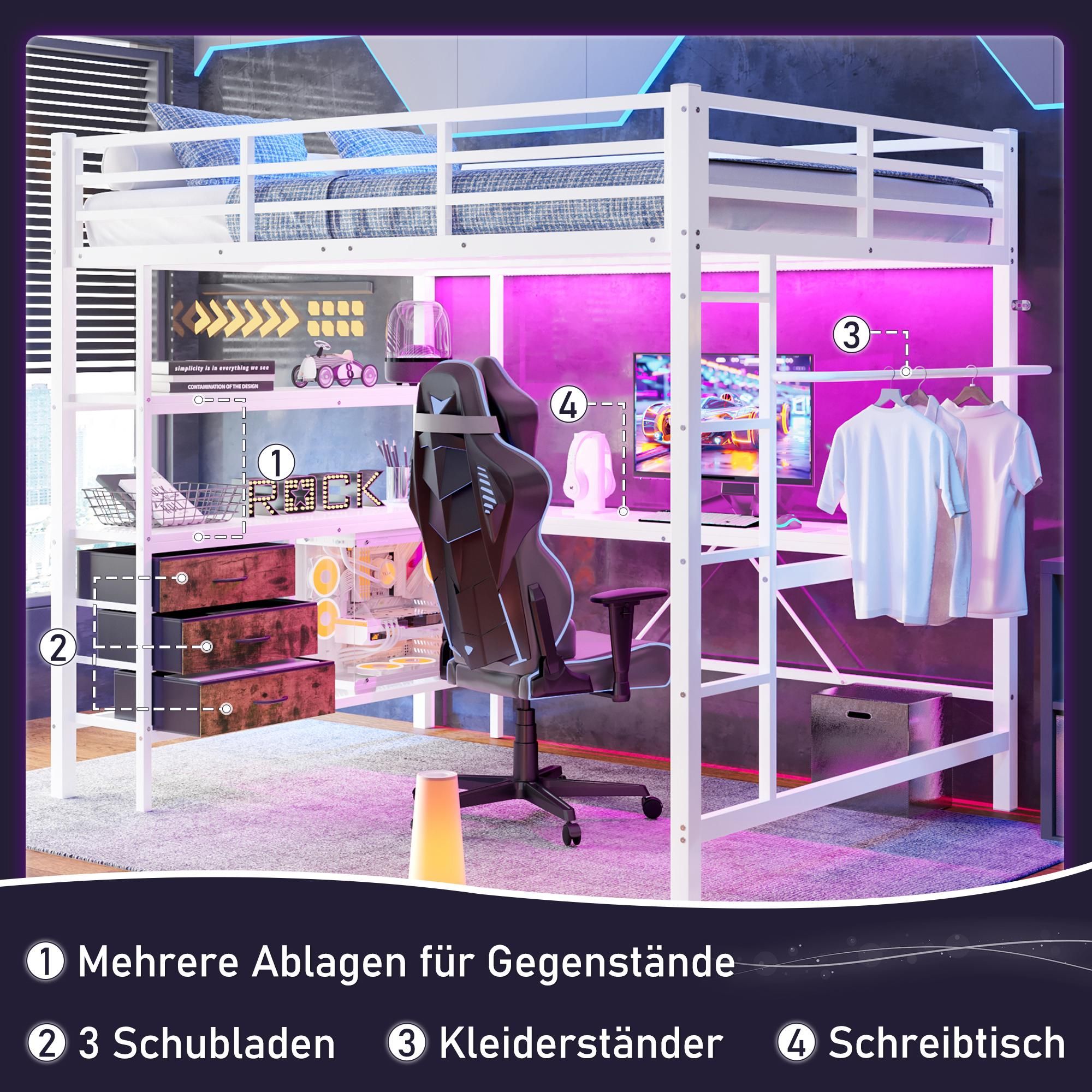 Merax Etagenbett Hochbett 140x200 cm, mit LED, Schreibtisch mit Steckdose und USB, 3 Schubladen, Regale, Aufhänger, Stockbett Kinderbett, Weiß