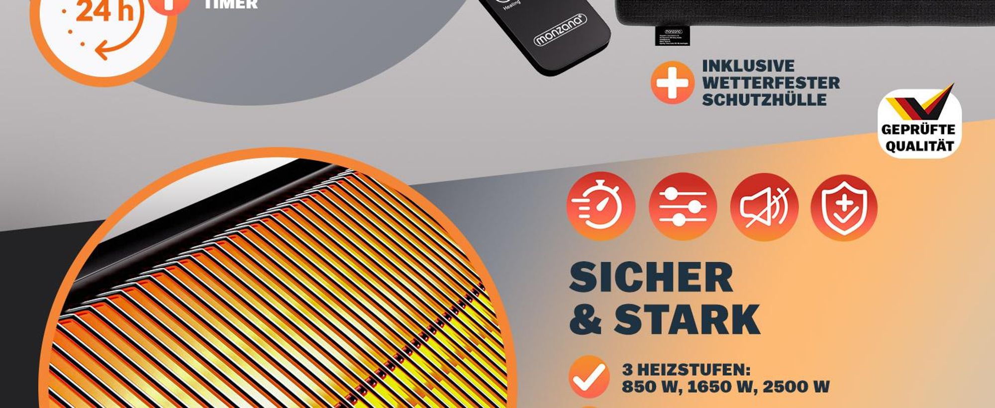 MONZANA® Infrarot Heizstrahler 2500W für Terrasse & Outdoor Silber