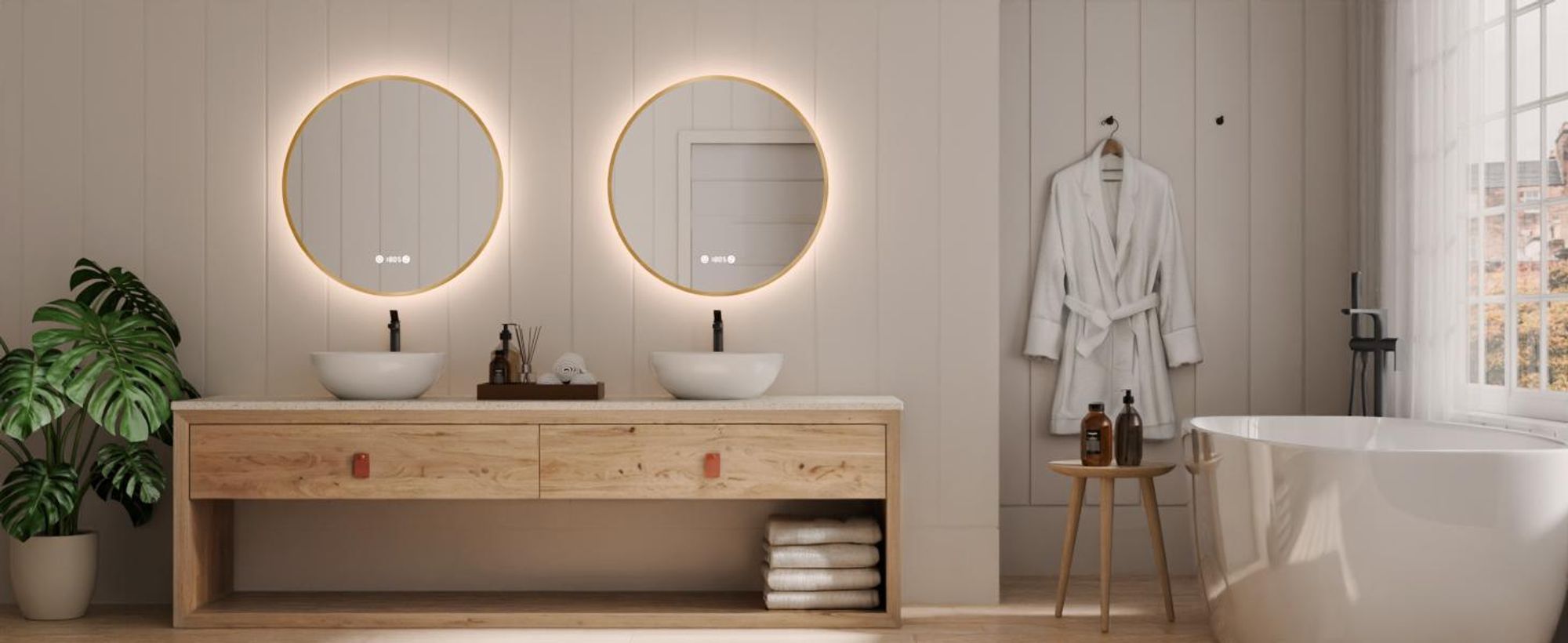 S'AFIELINA Badspiegel mit Beleuchtung Rund 80 cm Diameter, LED Badspiegel mit Touch, Beschlagfrei, Dimmbar, Uhr, Temperatur, Speicherfunktion,Gold