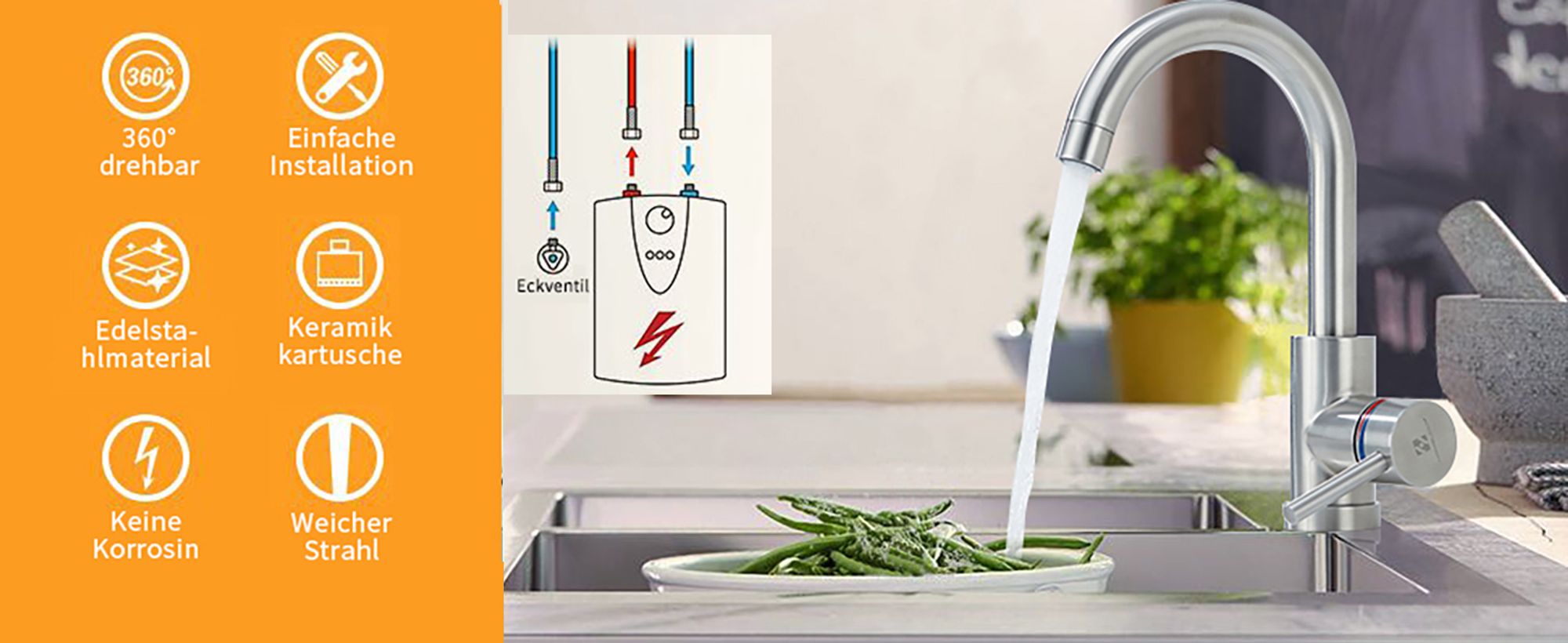 Niederdruck Wasserhahn Bad/Küche Niederdruck Badarmatur 360° Drehbar Badarmatur Küchenwasserhahn aus Edelstahl Spültischarmatur für Kaltwasser und Spüle Boiler