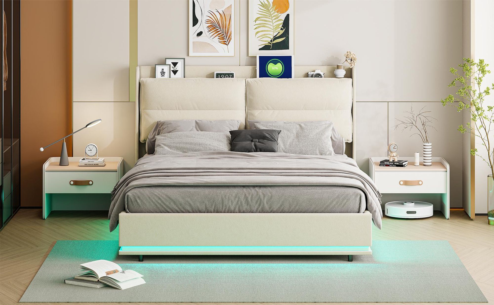 INONEFT Boxspringbett 160x200cm,hydraulisches Polsterbett mit LED und USB/C ,Doppelbett Holzbett Jugendbett, Samt, Beige.