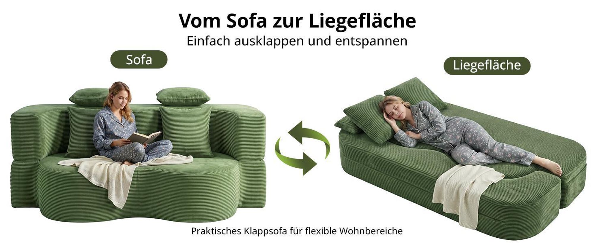 Sofa 3-Sitzer mit Schlaffunktion, 196 cm Komfortables Schlafsofa aus Cord, bis 450kg belastbar, ohne Montage, Bettcouch, Couch Gästebett, platzsparend
