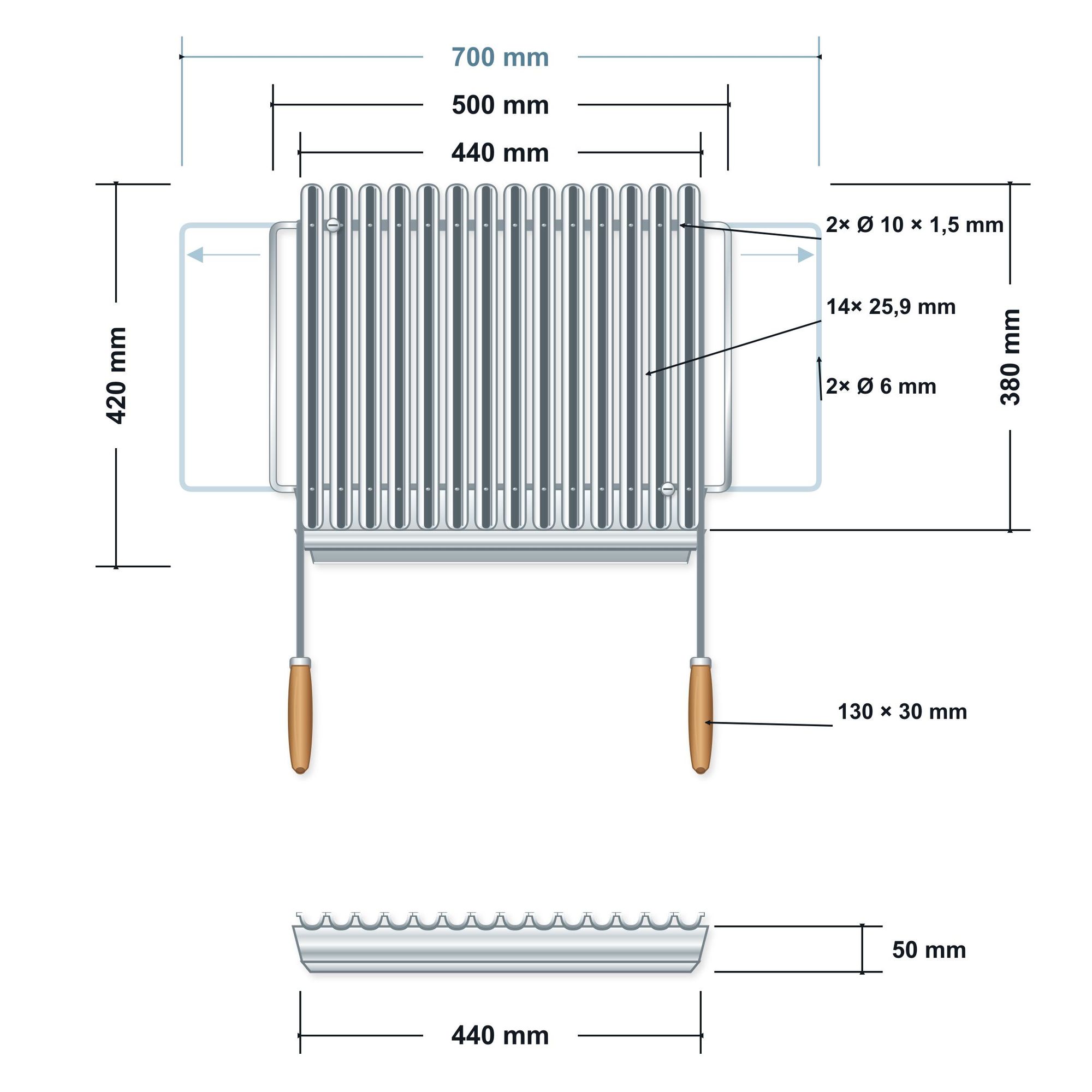 Grigliaregolabile in acciaio inox 50–70 × 42 cm senza manici – disegno tecnico