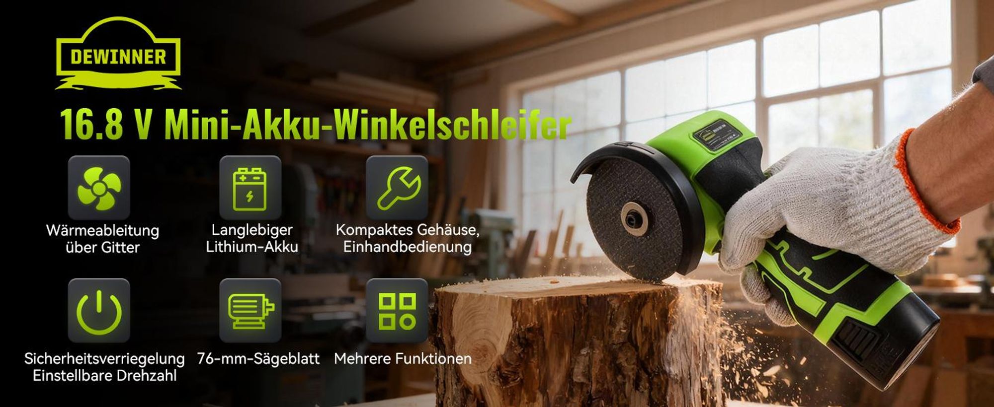 DEWINNER Akku-Winkelschleifer 19 500 U/min - 76mm Schleifscheibe, 2 Akkus 2000mAh, 6 Schneidscheiben und Tragetasche - Für Schleifen, Polieren