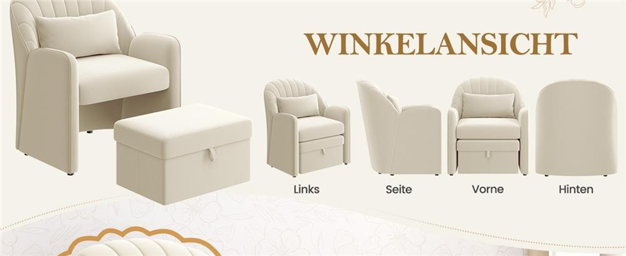 Yaheetech Sessel mit Hocker & Stauraum, bequemer Ohrensessel mit Rückenkissen, Relaxsessel aus Samt, Lounge Sessel für Büro/Schlafzimmer, Beige