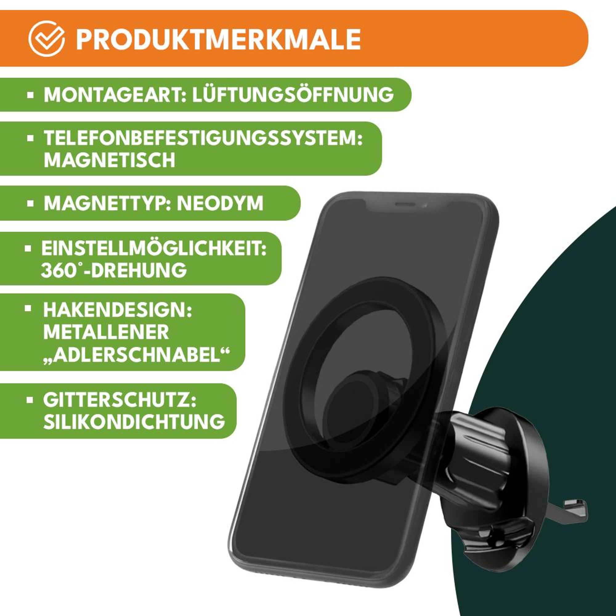 KRUMAD Magnetische Handyhalterung Auto, stabiler Smartphone Halter für Lüftung, 360° drehbar, sicherer KFZ Handyhalter, schwarz