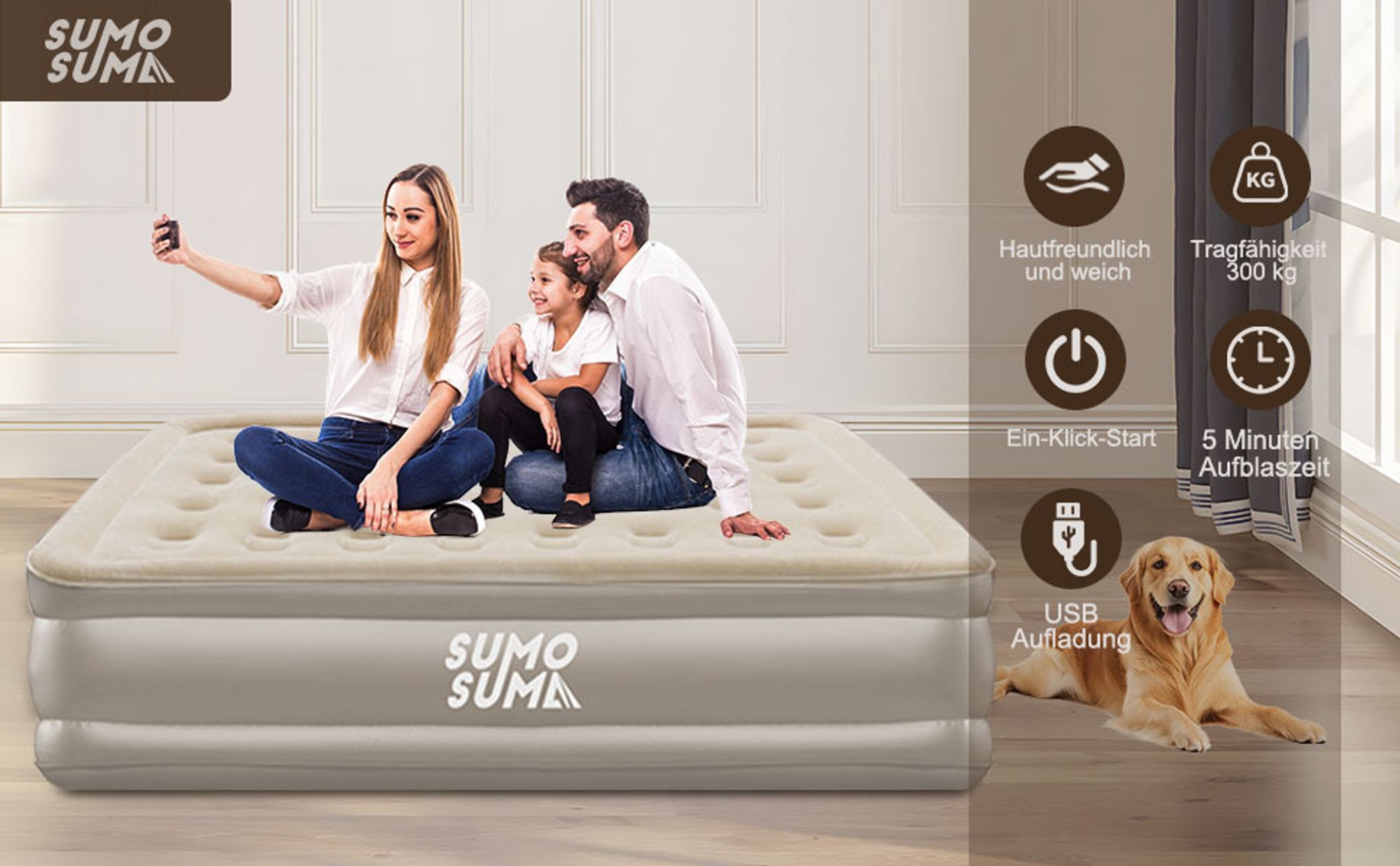 Sumosuma Luftbett Luftmatratze für 2 Personen mit Elektrischer Luftpumpe Selbstaufblasend für Camping 200x150x40cm Beflocktes Oberteil, Gästebett