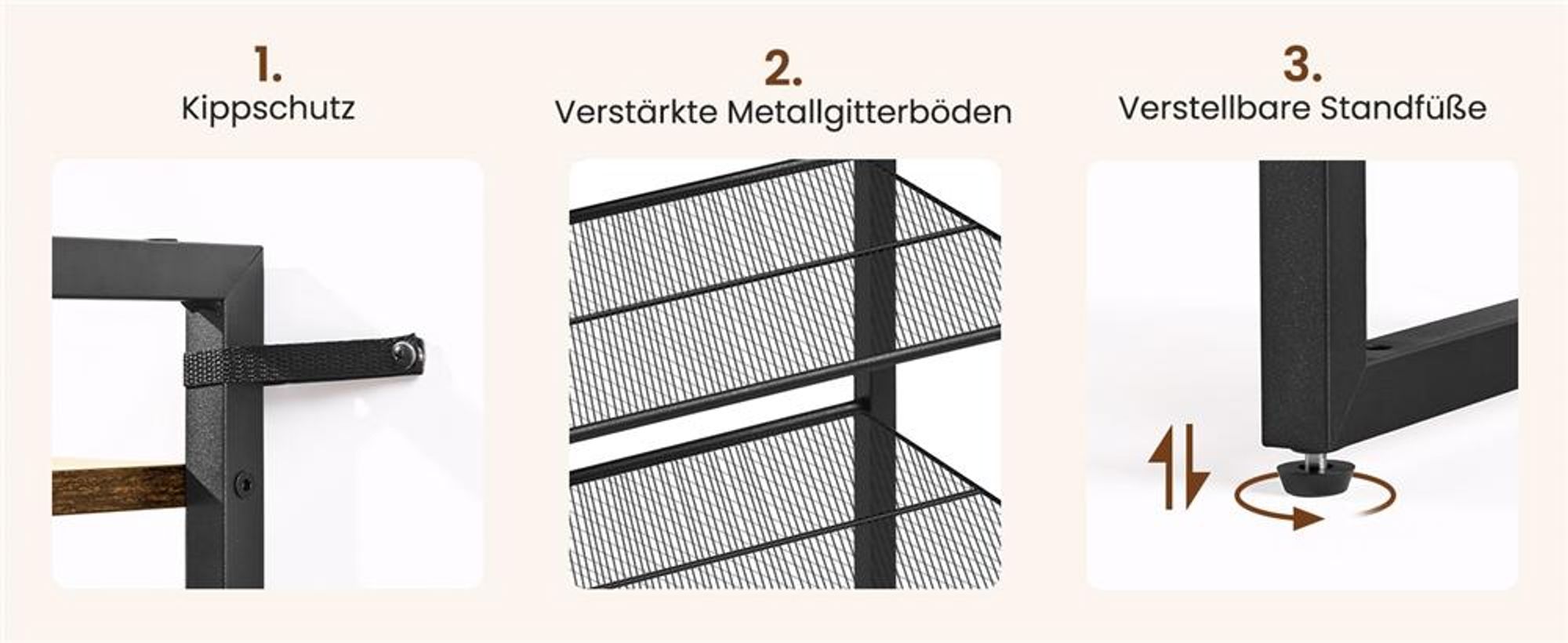Yaheetech Schuhregal mit 10 Fächern, 166 cm H, für 50 Paar Schuhe, 2-in-1 Schuhablage aus Metall, Industriell, Rustikal-Braun
