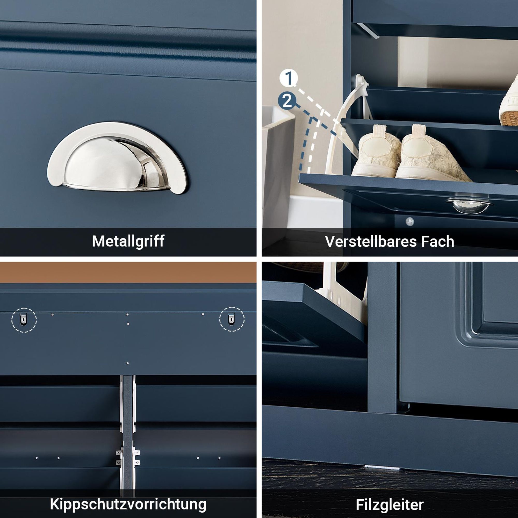 SoBuy schmaler Schuhschrank 24 cm tief mit 4 Klappen, Schublade & Haken, Schuhkipper für Flur mit Stauraum für bis zu 16 Paar Schuhe, Blau FSR79-B