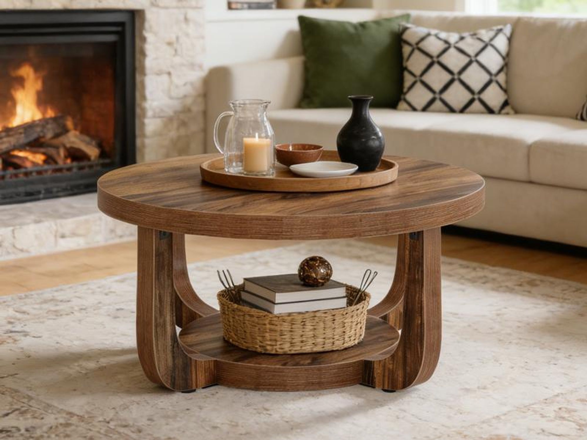 LITTLE TREE runder Couchtisch, 80 cm, mit 2 Ablageflächen, kleiner Holztisch fürs Wohnzimmer, Dunkelbraun
