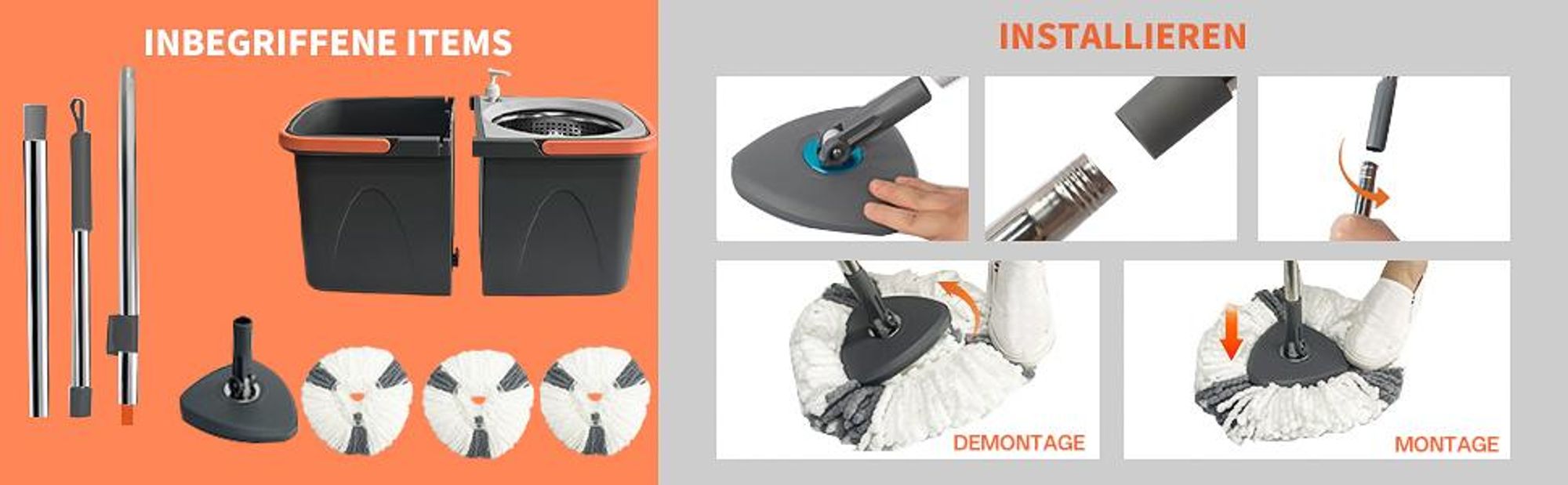 Wischmopp Set, Bodenwischer, Wischmop mit 360° Drehkopf Edelstahl-Teleskopstiel, 3 waschbaren Mikrofaser-Pads faltbarem Putzeimer mit Auswringfunktion
