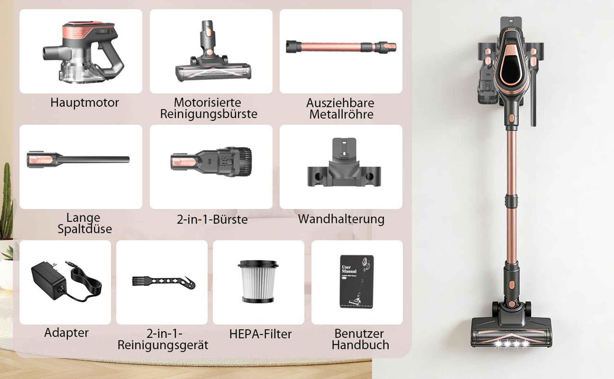 Akku Staubsauger,Akku Handstaubsauger,Akkusauger Kabelloser beutellos, 48000Pa,6×2600mAh Hochleistungsakku - Leiser Bet