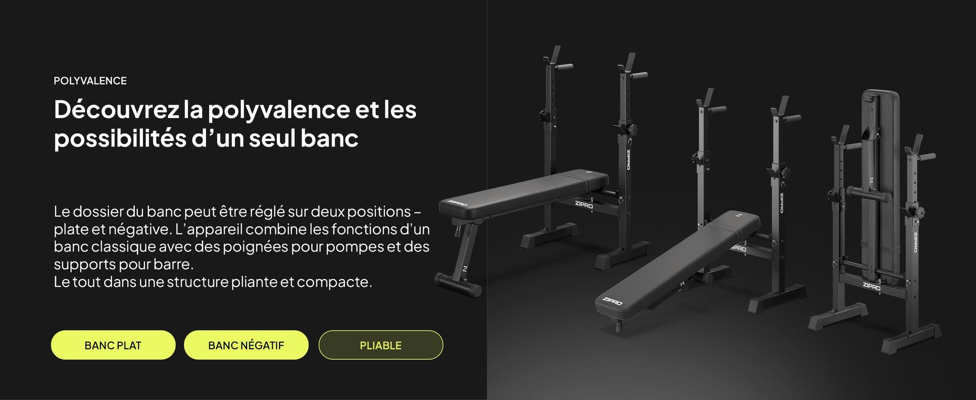 Banc de musculation Zipro avec support pour haltères Core – Banc de musculation pliable pour développé couché Banc plat avec barres de dip Capacité de charge jusqu'à 230 kg Peu encombrant