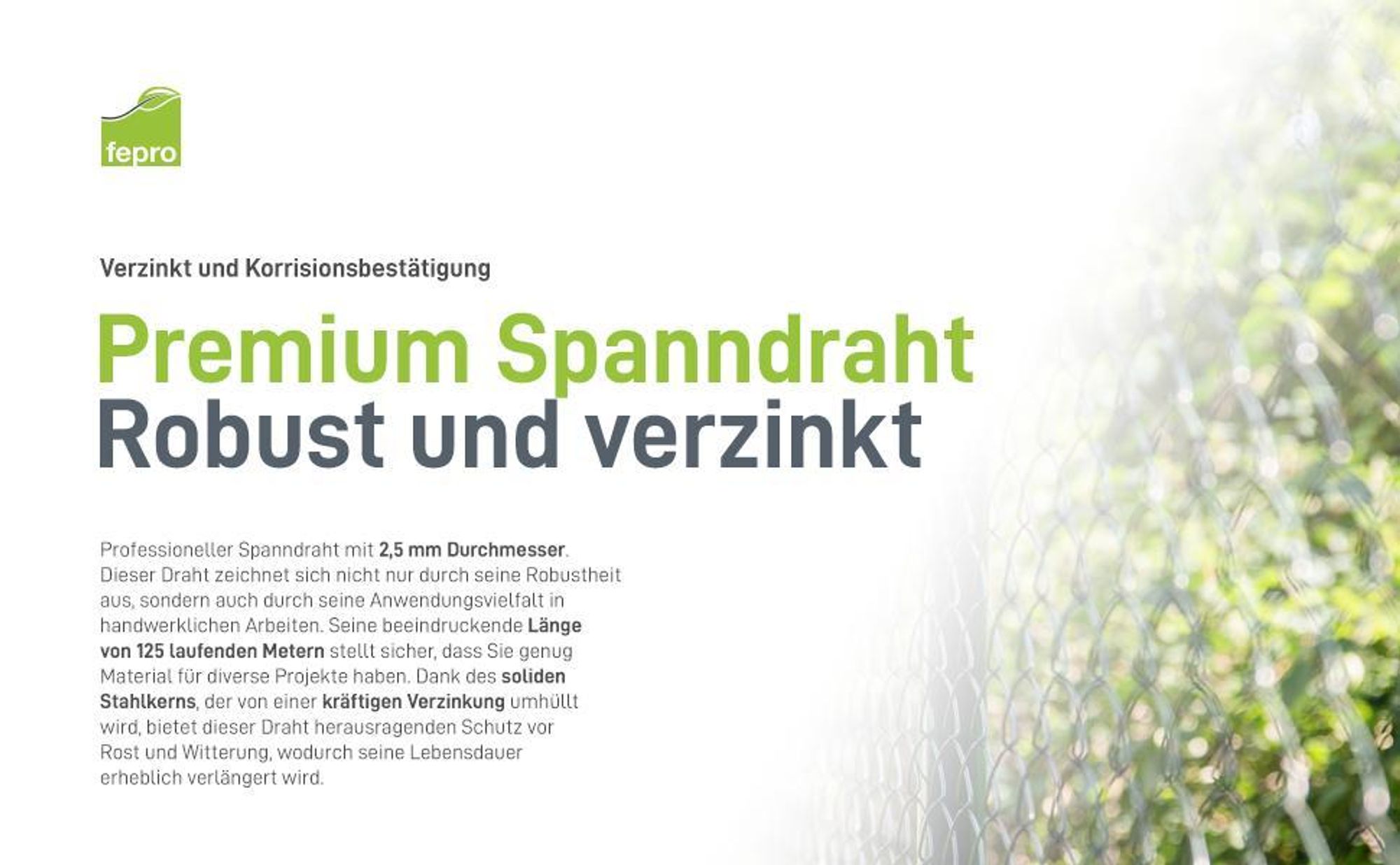 Fepro® professioneller Spanndraht 2,5 mm x 125 m, dick verzinkt - witterungsbeständig, ideal für Forst, Wildzaun, Garten oder basteln