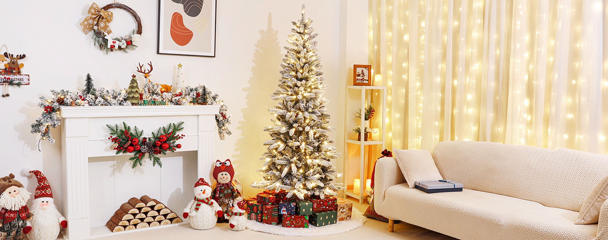 Yorbay 210cm Künstlicher Weihnachtsbaum Slim mit Beleuchtung LED Tannenbaum für Weihnachten-Dekoration, Schneebeflockt, Schmal, Weiß