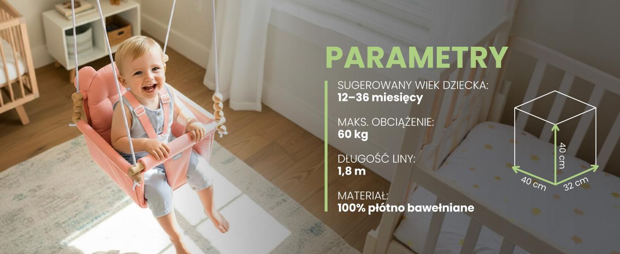 Różowa huśtawka dla dzieci na sznurkach z bawełnianą poduszką